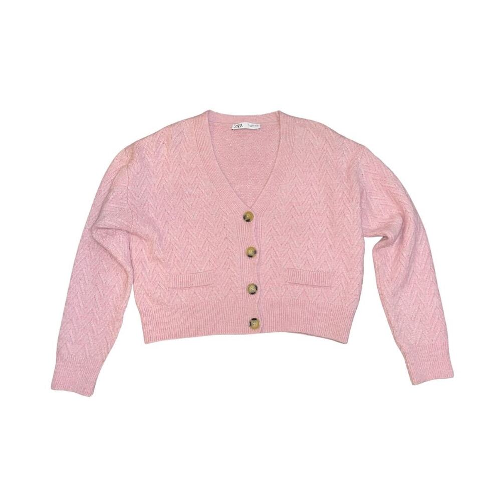 Zara Pink Chunky Knit Button Cropped Cardigan Sweater SZ S Street Chic Casual